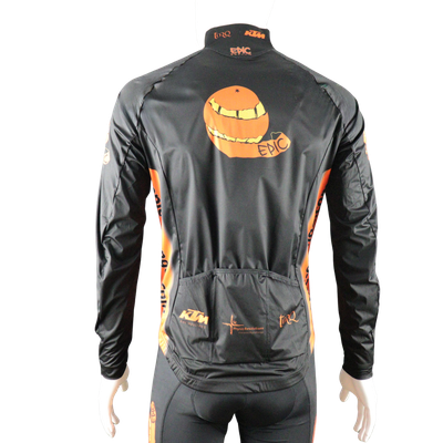 Custom branded All Seasons Pro cycle shower wind jacket rear view with three rear pockets for practical storage.