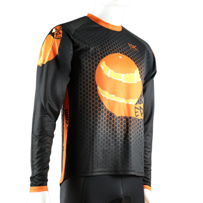 Custom branded long sleeve MTB jersey front side view with breathable fabric and custom print layout.