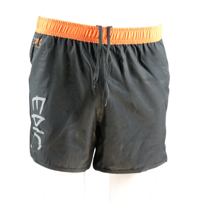 Custom branded long running shorts front view with breathable fabric and comfortable performance fit.
