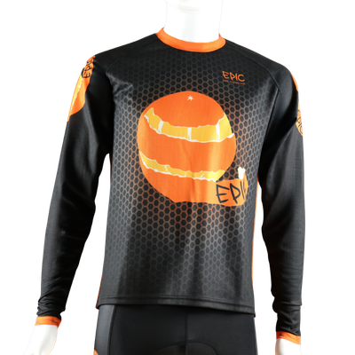 Custom printed long sleeve MTB jersey front view with breathable fabric and relaxed mountain bike fit.