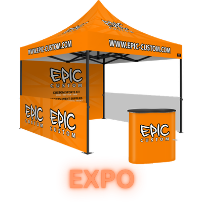 Premium Expo Package custom printed gazebo with branded counter, half walls and rear wall for professional exhibitions.