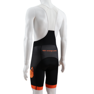 Custom design Pro cycle bib shorts rear view with premium fit and breathable bib brace construction.