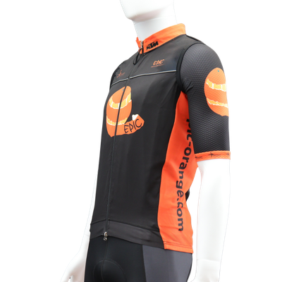 Custom design Pro Cut solid back twin pocket cycle gilet front side view with breathable side panels and premium fit.
