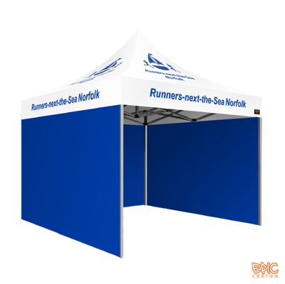 Intermediate Package 3x3m custom printed gazebo for Runners Next The Sea with standard silver frame, printed canopy, unbranded walls, fully waterproof fabric and BS 7837:1996 fire rating.