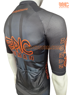 Rear side shoulder view of custom printed EuroPro WAFFLE Aero cycle jersey showing aerodynamic fit and construction.