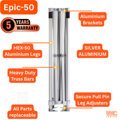 Epic 50 custom gazebo frame showing Silver colour option with 5 year warranty