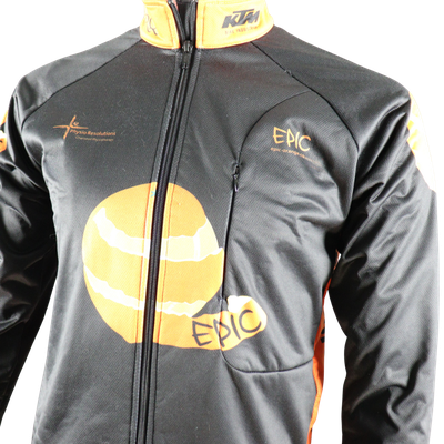 Custom printed Sub-Zero winter cycling jacket front panel view with waterproof and breathable soft shell fabric.