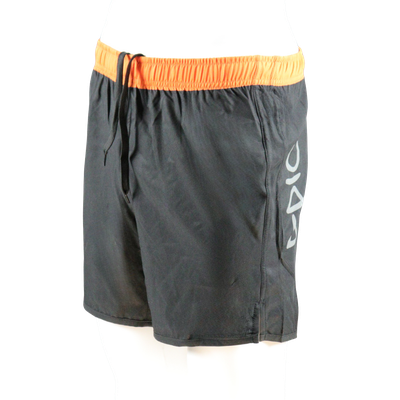 Custom design long running shorts with draw cord detail for secure adjustable fit.