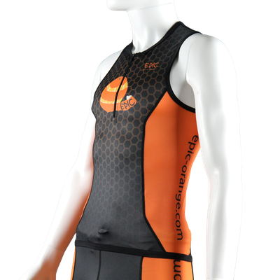 Epic Premium custom sprint triathlon top front side view with quick-dry performance fabric and streamlined sprint fit.