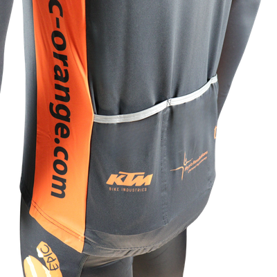 Custom printed Roubaix thermal race jacket rear pocket detail with practical storage for spring, autumn and winter riding.