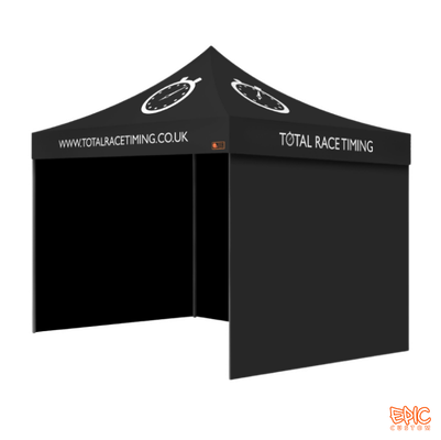 Intermediate Package 3x3m custom printed gazebo for Total Race Timing with black anodized frame, printed canopy, unbranded walls, fully waterproof fabric and BS 7837:1996 fire rating.