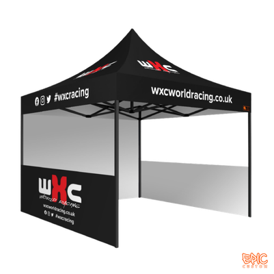 Sports Package 3x3m custom printed gazebo for WXC World Racing with black anodised frame, fully waterproof and BS 7837:1996 fire rated.