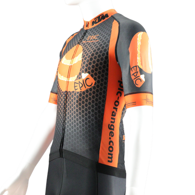 Custom printed Pro cycle jersey left shoulder side view with curved vented side panel construction.