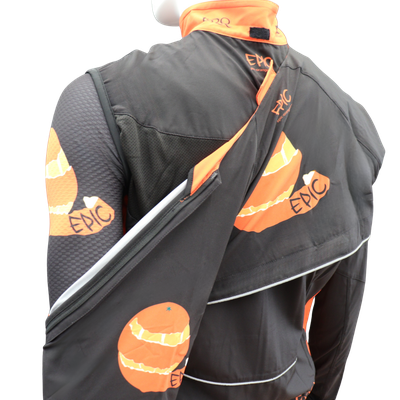 Custom printed convertible cycling jacket gilet sleeve removal detail showing easy jacket to gilet conversion.