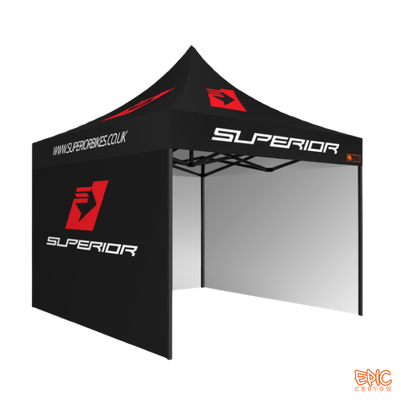 Complete Package 3x3m custom printed gazebo for Superior Bikes with anodised black frame, fully waterproof and BS 7837:1996 fire rated.