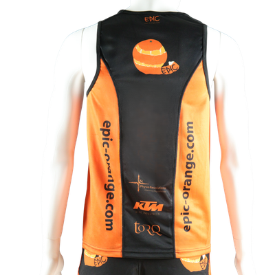 Custom branded performance running vest rear view with lightweight breathable fabric and custom print area.
