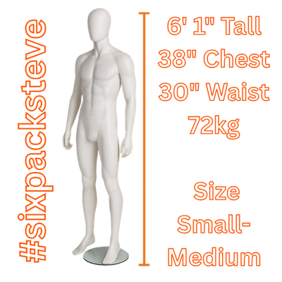 Epic Premium size guide mannequin showing height, chest, waist, weight and recommended garment size.