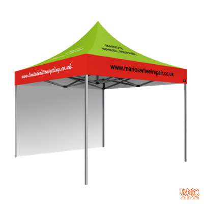 Impact Package 3x3m custom printed gazebo for Mario’s Wheel Repair with standard silver Epic 50 frame, fully waterproof and fire rated for UK events.