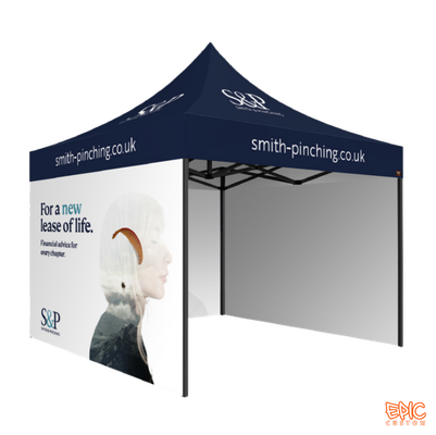 Complete Package 3x3m custom printed gazebo for Smith and Pinching with anodised black Epic 50 frame, fully waterproof, BS 7837:1996 fire rated and backed by a 5-year frame warranty.