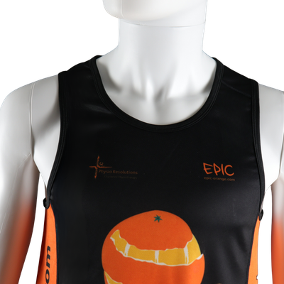 Custom printed performance running vest front neck detail with smooth sleeveless running vest finish.