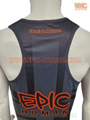 Rear shoulder view of a custom printed racerback running vest manufactured using lightweight Super DryLite yarn for enhanced moisture management and comfort.