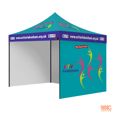 CComplete Package 3x3m custom printed gazebo for Active Fakenham with standard silver frame, fully waterproof and BS 7837:1996 fire rated.
