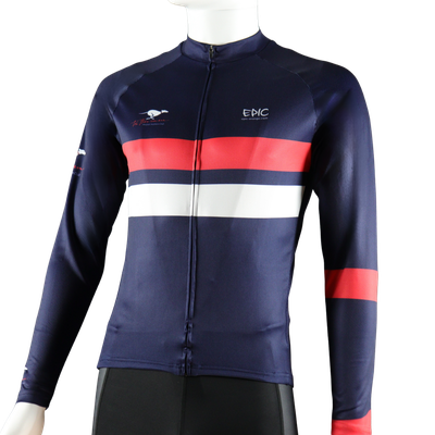 Custom printed classic long sleeve cycle jersey front view with full sleeve performance fit.