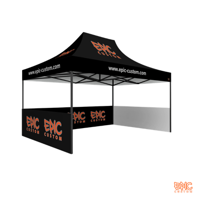 Example of a Vision Package 4.5x3m custom printed gazebo with anodised black frame, half-height branded walls, fully waterproof fabric and BS 7837:1996 fire rating.