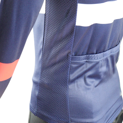 Custom printed classic long sleeve cycle jersey vented side panel detail for breathable performance.