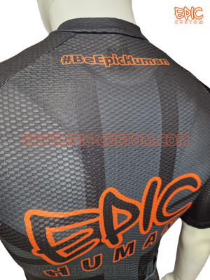 Custom printed WorldTour WAFFLE Aero cycle jersey rear shoulder view showing race-fit upper body shaping.
