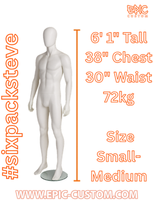 Epic Premium size guide mannequin showing height, chest, waist, weight and recommended garment size.