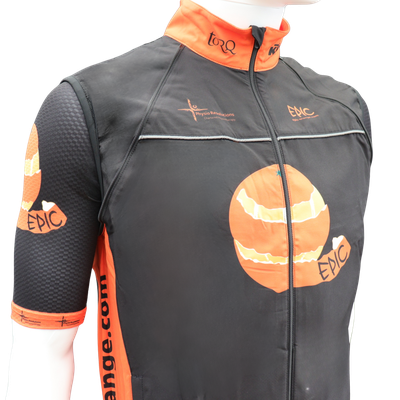 Custom branded convertible cycling jacket gilet front view with high collar and windproof performance fabric.