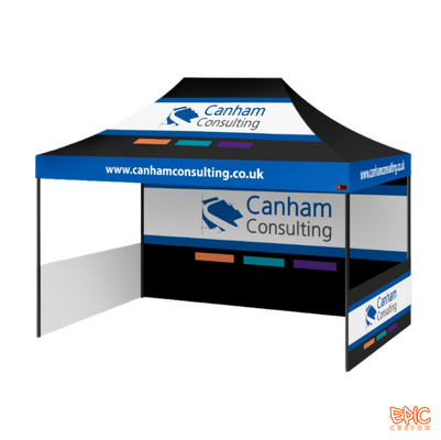 Sports Package 4.5x3m custom printed gazebo for Canum Consulting with black anodised frame, fully waterproof and BS 7837:1996 fire rated.