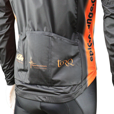 Custom printed All Seasons Pro cycle shower wind jacket with double-stitched angled pockets and 3cm waistband.