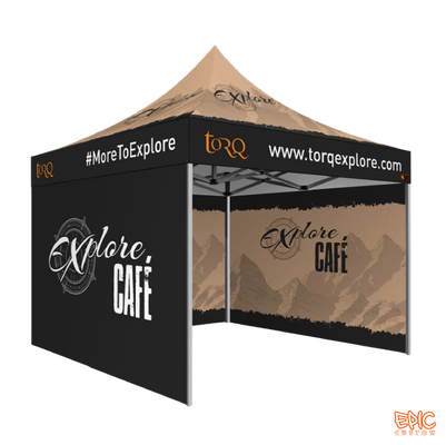 Complete Package 3x3m custom printed gazebo for Torq Explore Cafe with standard silver frame, fully waterproof and BS 7837:1996 fire rated.