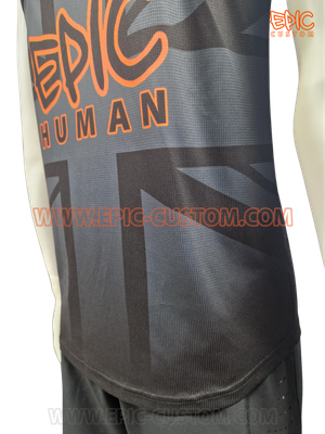 Rear side view of a custom printed racerback running vest showing lightweight Super DryLite construction and custom printed graphics.