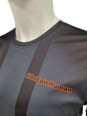 Collar detail view of a custom printed running shirt showing garment construction and finish.