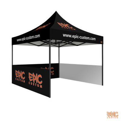 Example of a Vision Package 3x3m custom printed gazebo with anodised black frame, branded half walls, fully waterproof fabric and BS 7837:1996 fire rating.