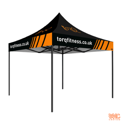 Basic Package 3x3m custom printed gazebo for TORQ Fitness with anodized black Epic 50 frame, fully waterproof and fire rated for UK events.