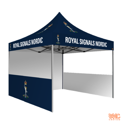 Sports Package 3x3m custom printed gazebo for Royal Signals with silver frame, fully waterproof and BS 7837:1996 fire rated.