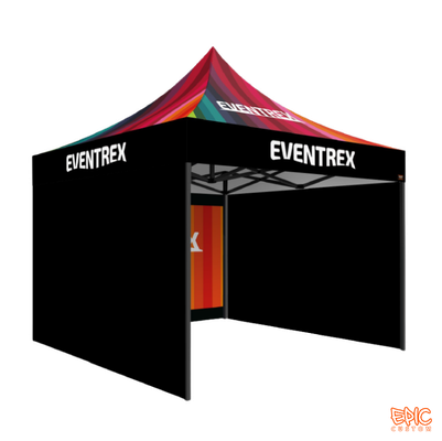 Complete Package 3x3m custom printed gazebo for Eventrex with anodised black frame, fully waterproof and BS 7837:1996 fire rated.