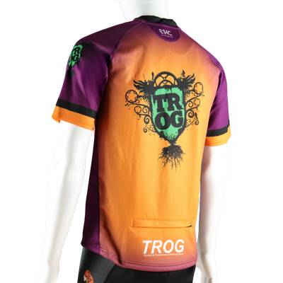Custom printed short sleeve MTB jersey rear view showing breathable fabric and full colour custom design.