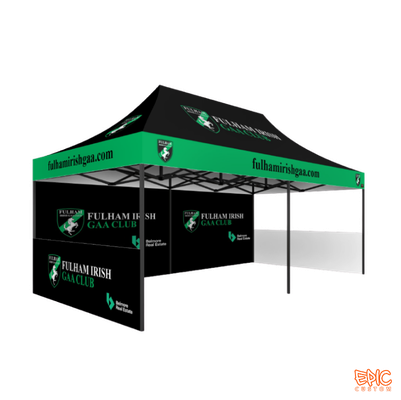 Sports Package 3x3m custom printed gazebo for Fulham Irish with black anodised frame, fully waterproof and BS 7837:1996 fire rated.