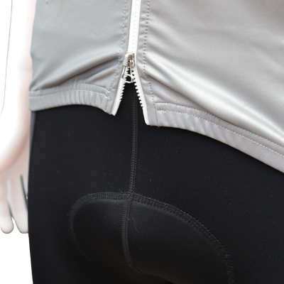 Custom printed fully reflective cycle gilet with double-opening zip for adjustable ventilation and jersey pocket access.