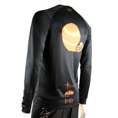 Custom printed long sleeved running shirt rear side view showing streamlined performance fit.