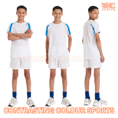 Custom printed youth contrast sports t-shirt colour arctic white and sapphire blue front view modelled