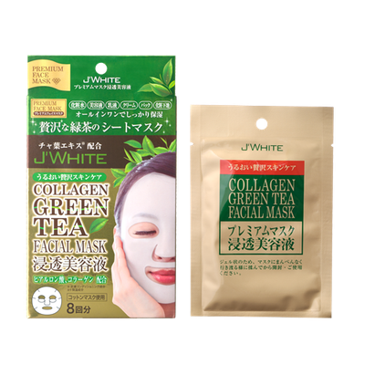 J’WHITE Collagen Green Tea Facial Mask<br>内容量：25g×8枚入り<br>JANコード：4580667070029