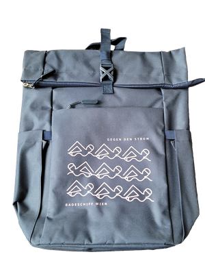 Bild von einem grauen Rucksack mit hellrosanem Druck