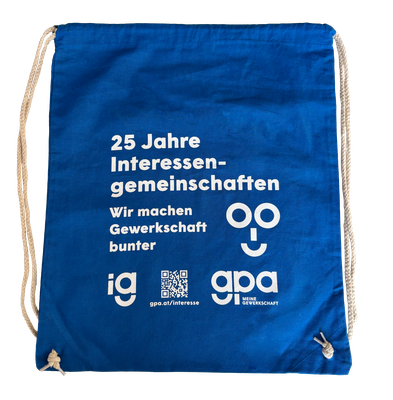 Das Foto zeigt einen blauen Gymsack mit dem GPA Logo.