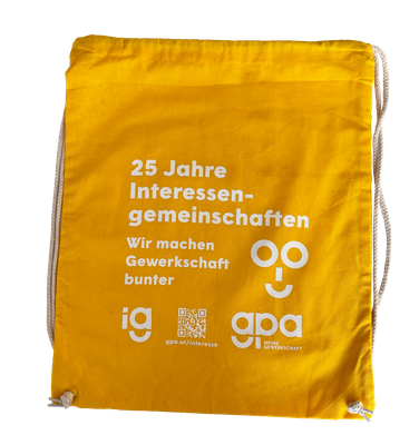 Das Foto zeigt einen gelben Gymsack mit dem GPA Logo.